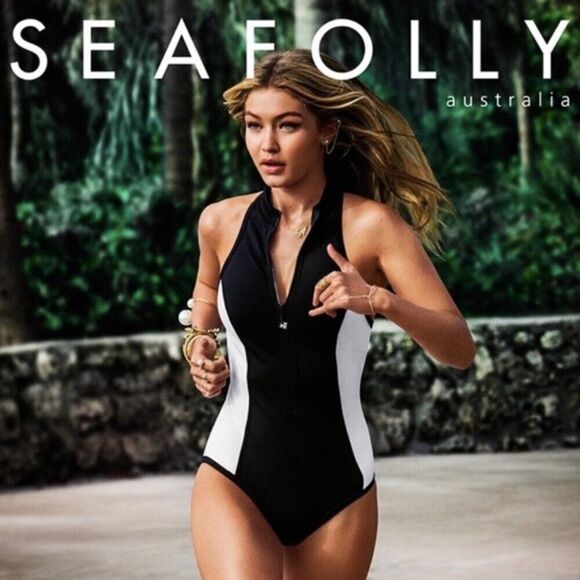 Seafolly black white Block Party zipper high neck maillot surfer one piece swim - Picture 1 of 9